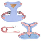 Blue and pink dog harness with matching leash on a white background