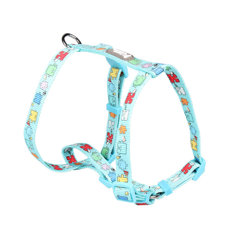 Dog harness with colorful cartoon design on a white background