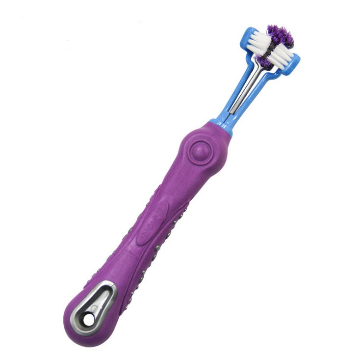 Purple and blue toothbrush with a white and purple bristle head on a white background