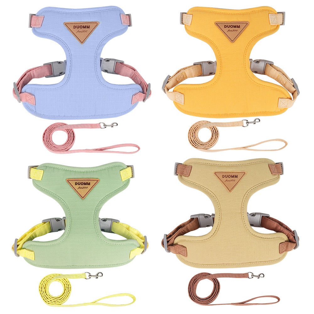 Set of four dog harnesses and leashes in different colors on a white background