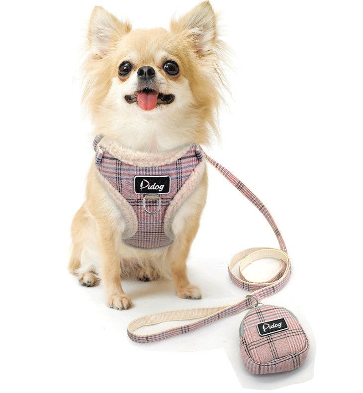 Small dog wearing a plaid harness and leash set on a white background