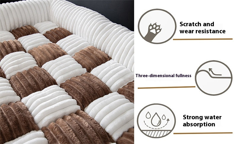 Textured fabric with checkered pattern in brown, white, and gray, featuring scratch and wear resistance, three-dimensional fullness, and strong water absorption icons.