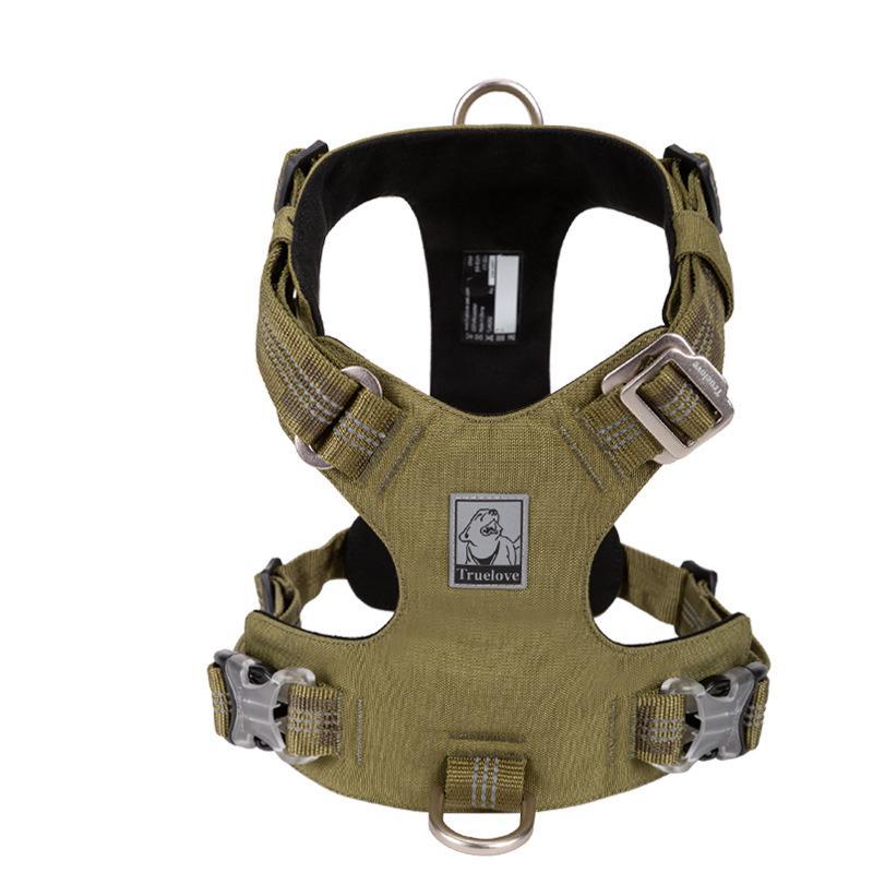 Olive green dog harness with metal buckles on a white background