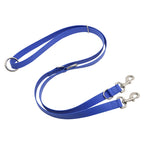 Blue dog leash with metal clips on a white background