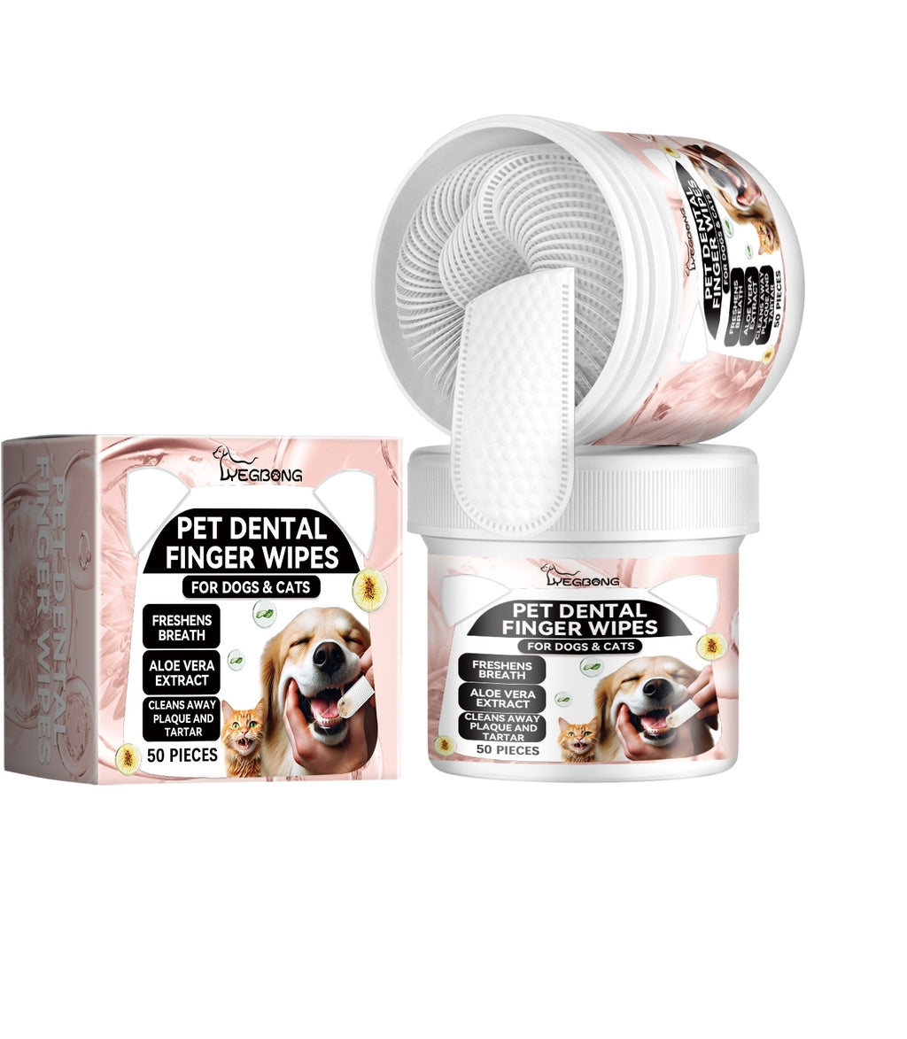 The image shows a package and container of Pet Dental Finger Wipes for dogs and cats, with 60 pieces included. The packaging is pink and white with images of a dog and a cat, and text detailing the product's use for freshening breath and preventing plaque.