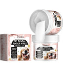 The image shows a package and container of Pet Dental Finger Wipes for dogs and cats, with 60 pieces included. The packaging is pink and white with images of a dog and a cat, and text detailing the product's use for freshening breath and preventing plaque.