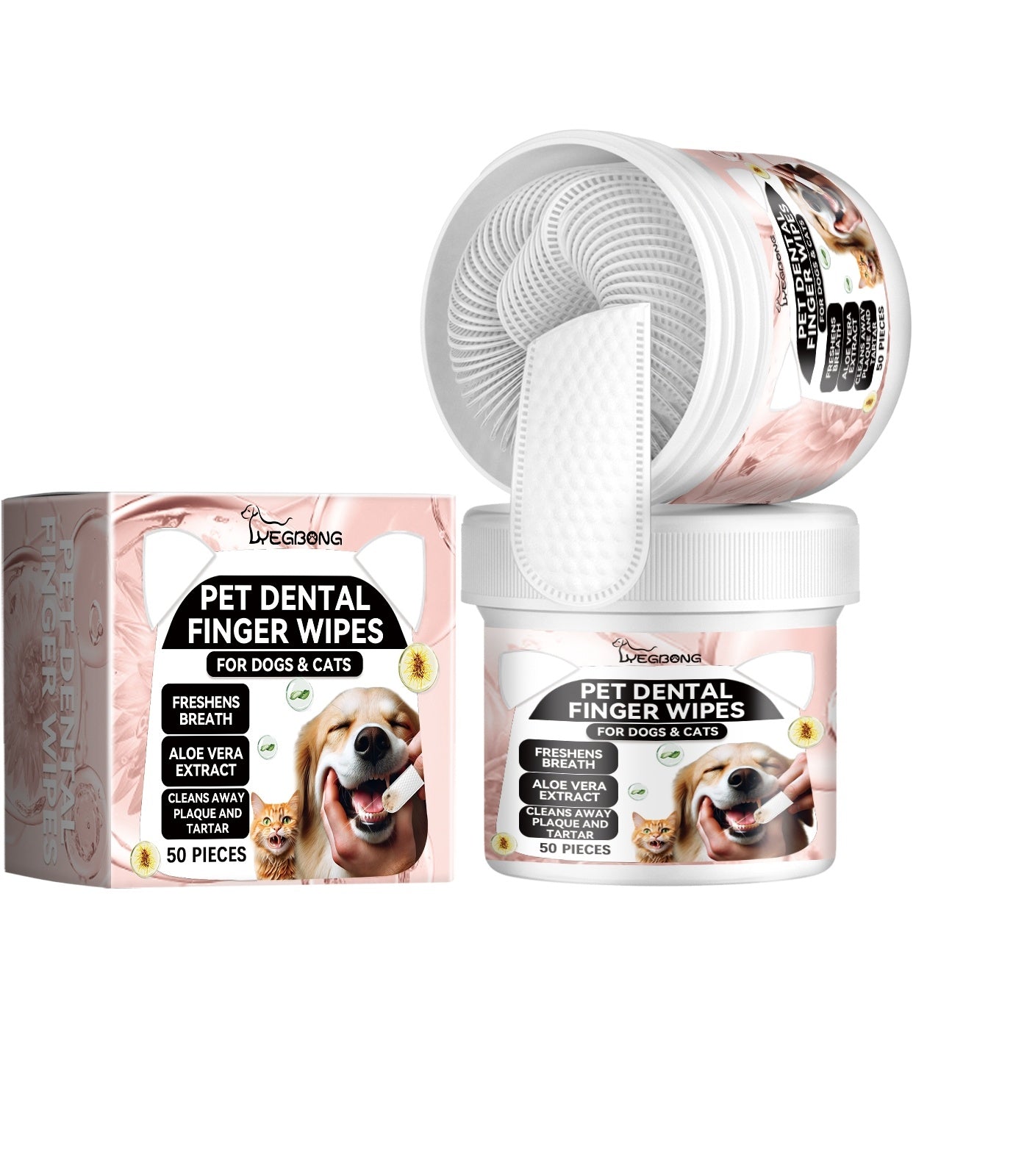 The image shows a package and container of Pet Dental Finger Wipes for dogs and cats, with 60 pieces included. The packaging is pink and white with images of a dog and a cat, and text detailing the product's use for freshening breath and preventing plaque.