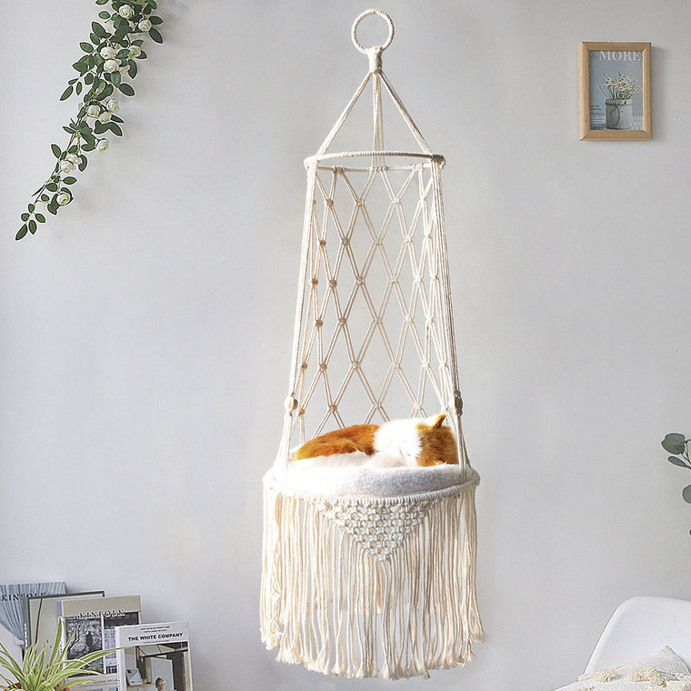 Macrame Hanging Cat Hammock Bed – Boho Wall-Mounted Pet Swing