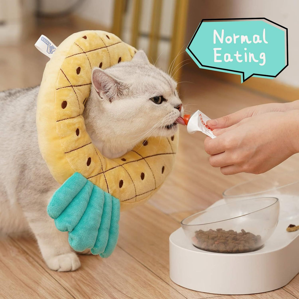 Cat wearing a pineapple-shaped cone collar eating from a person's hand with a bowl of food on a wooden floor.