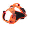Orange dog harness with black straps on a white background