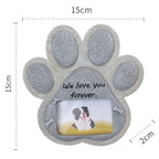 Paw-shaped photo frame with 'We love you forever' text and a dog picture, shown with dimensions.