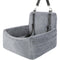 Gray quilted pet seat carrier with straps on a white background