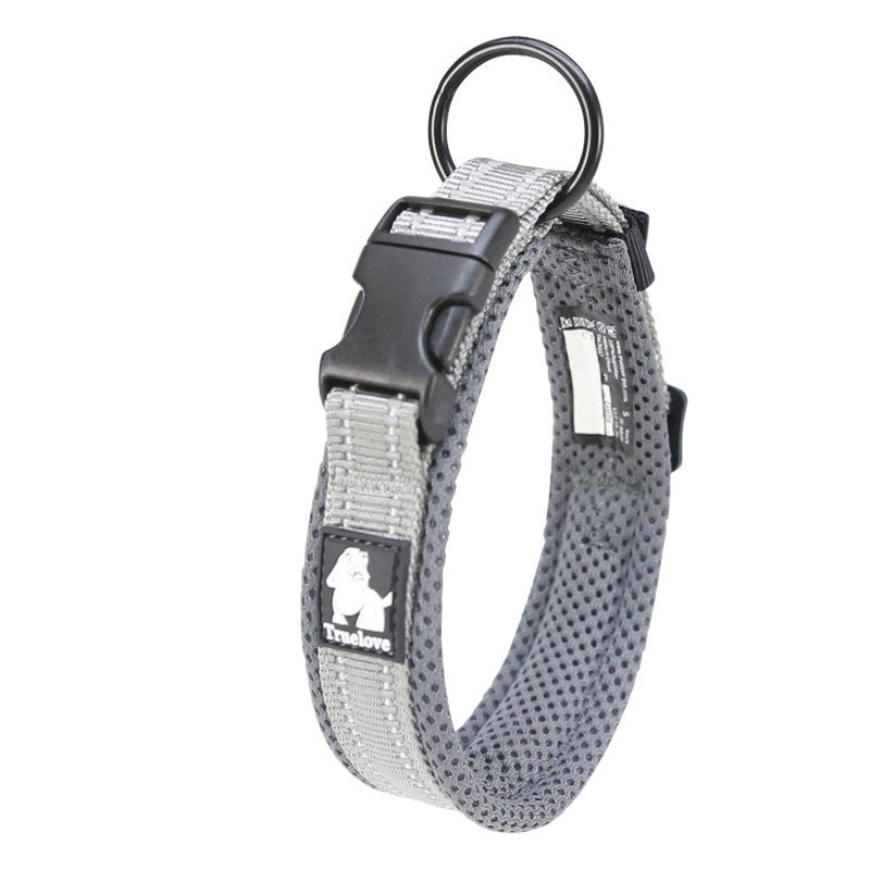 Gray dog collar with black buckle and brand logo on a white background