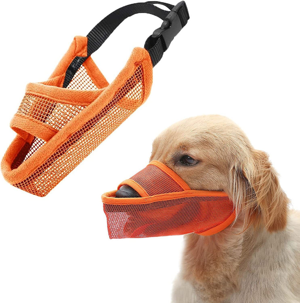 Orange dog muzzle with black straps on a white background