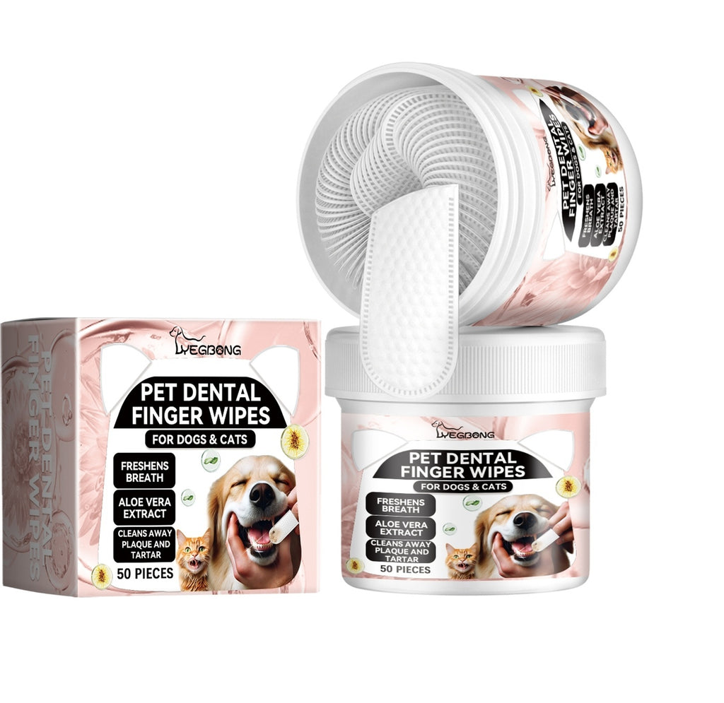 The image shows a package and container of Pet Dental Finger Wipes for dogs and cats, with 60 pieces included. The packaging is pink and white with images of a dog and a cat, and text detailing the product's use for freshening breath and preventing plaque.