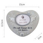 Heart-shaped pet memorial with wings, paw print, and text dimensions shown