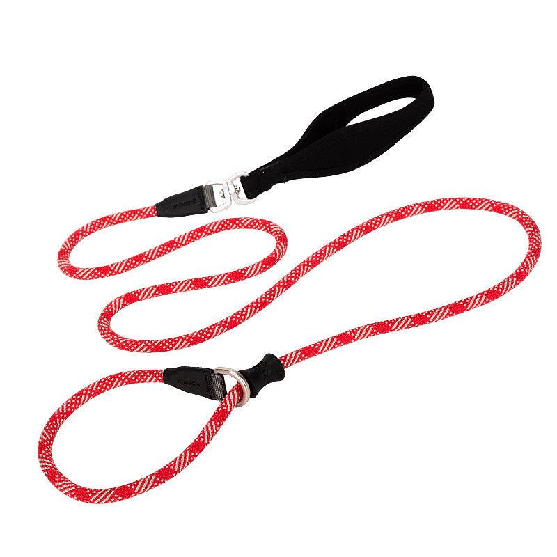 Red dog leash with black handles on a white background