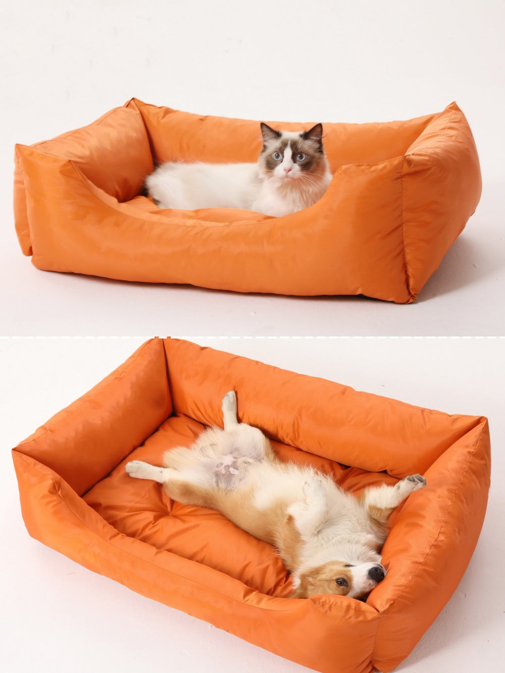 Orange pet bed with a cat and dog inside on a white background