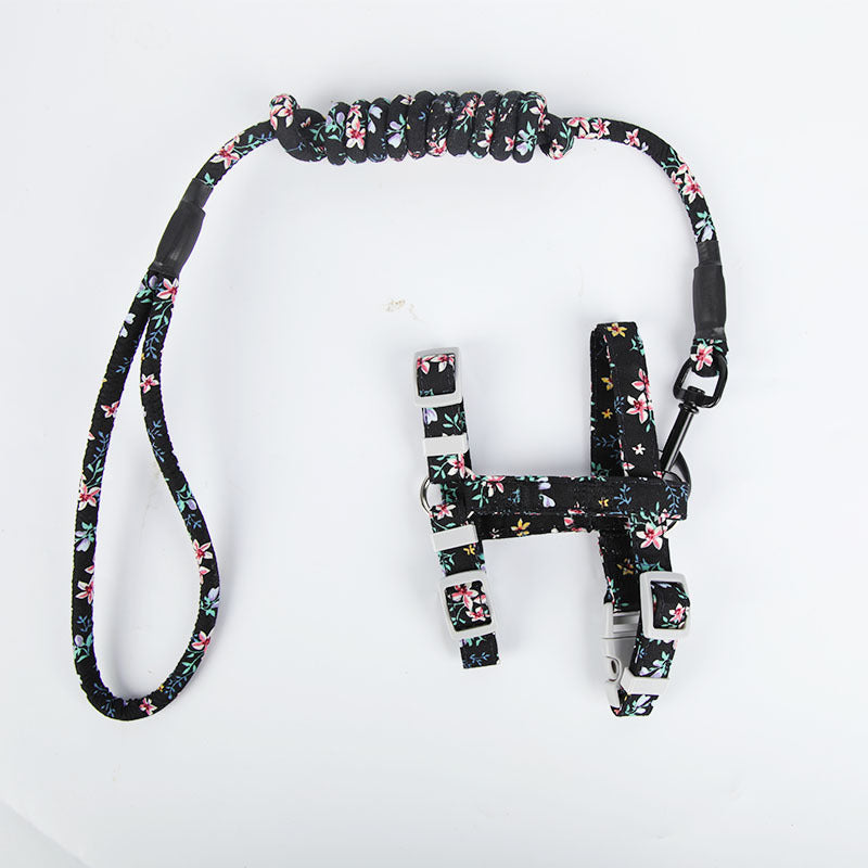 Floral-patterned dog leash and harness set on a white background