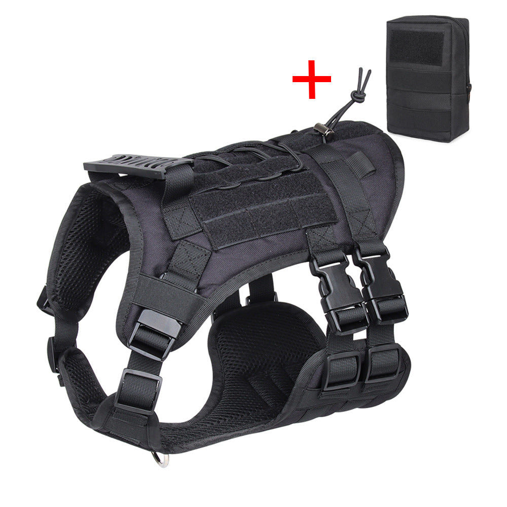 Black tactical dog harness with a pouch on a white background