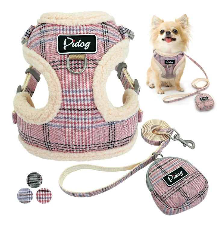 Dog harness, leash, and tag set with plaid pattern on a white background