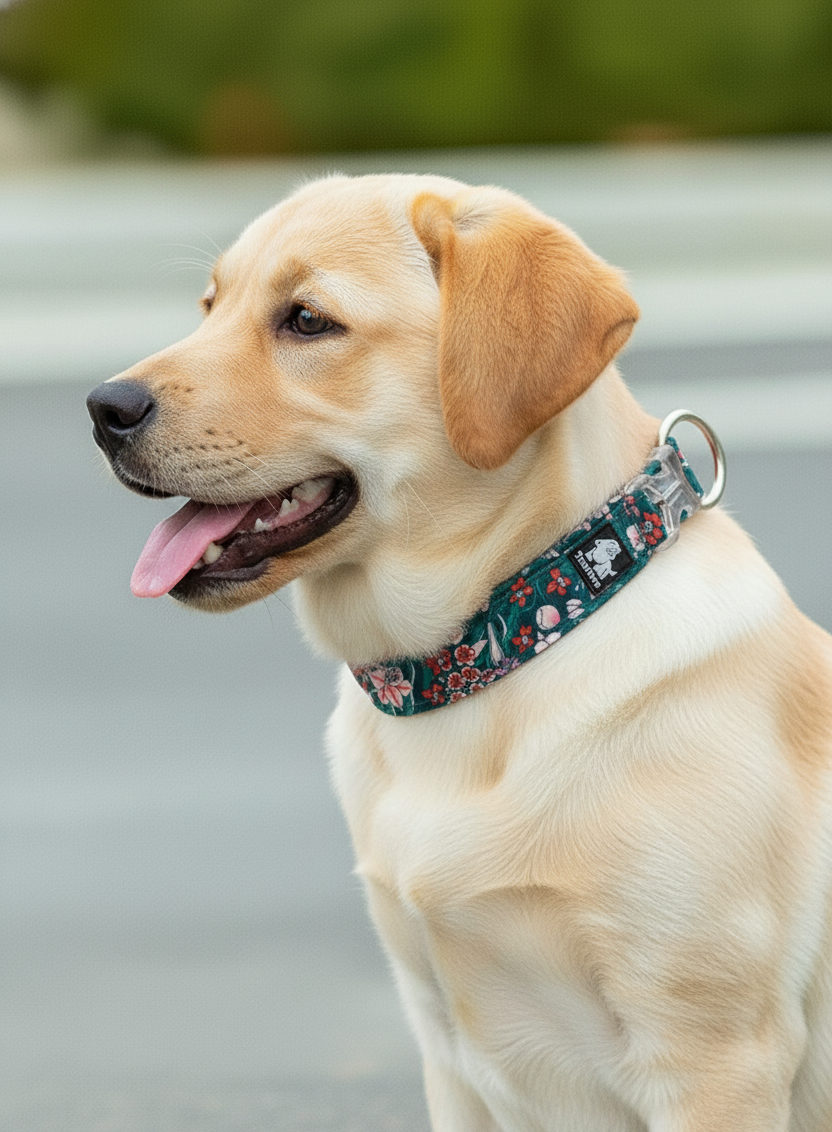 Dog wearing a floral collar on a blurred background