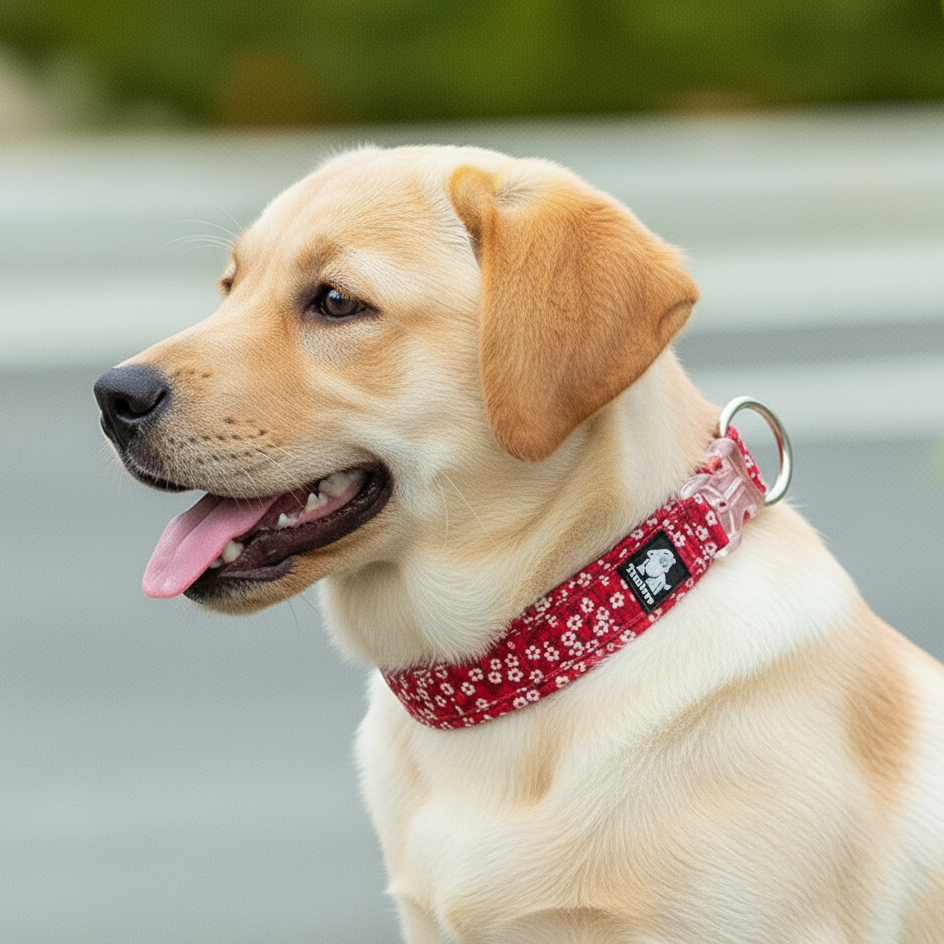 Dog wearing a red floral collar with a blurred background
