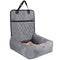 Gray car seat cover with quilted design and storage pocket on a white background