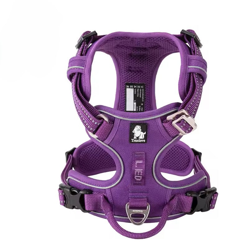 Purple dog harness with brand logo on a white background