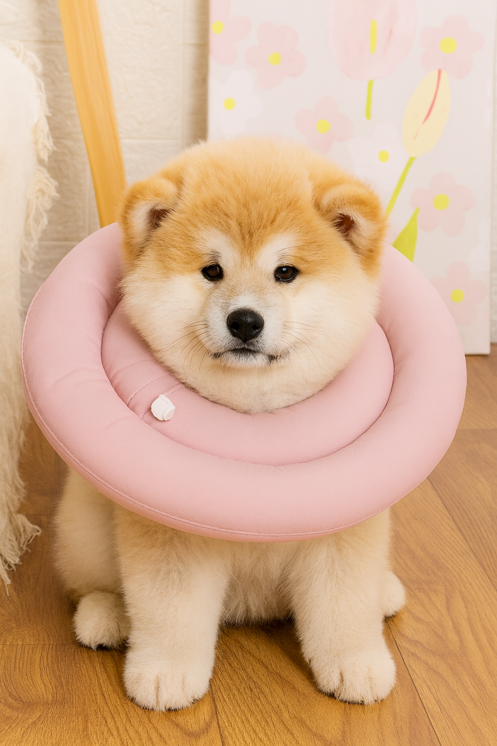 Dog wearing a pink cone collar on a wooden floor with a decorative background
