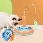 Cat playing with a toy that resembles a fishing rod on a colorful background