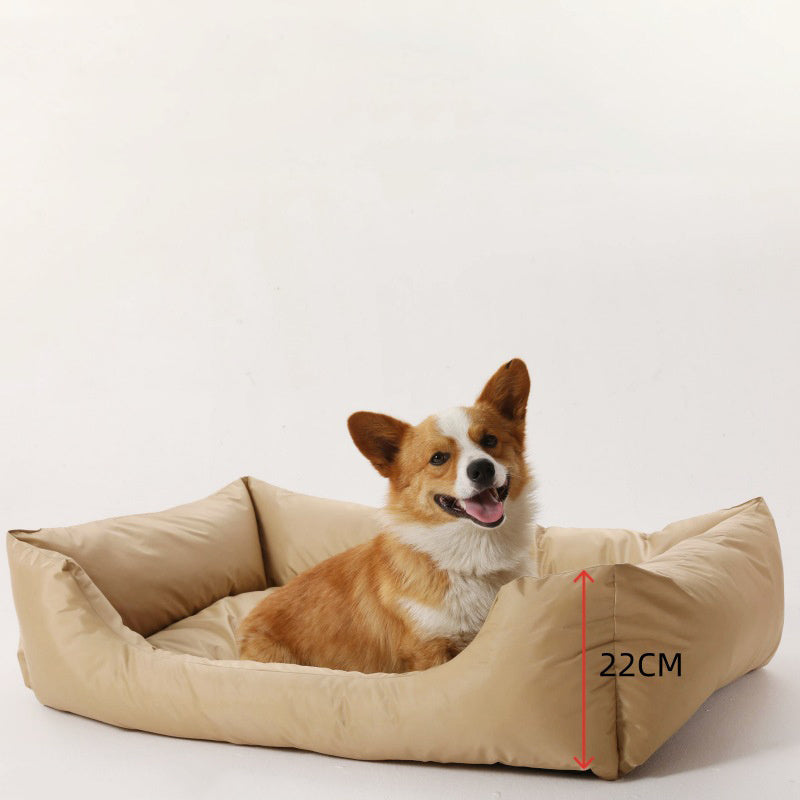 Dog sitting on a beige pet bed with a measurement label on a white background