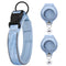 Light blue dog collar with black buckle and matching leash on a white background