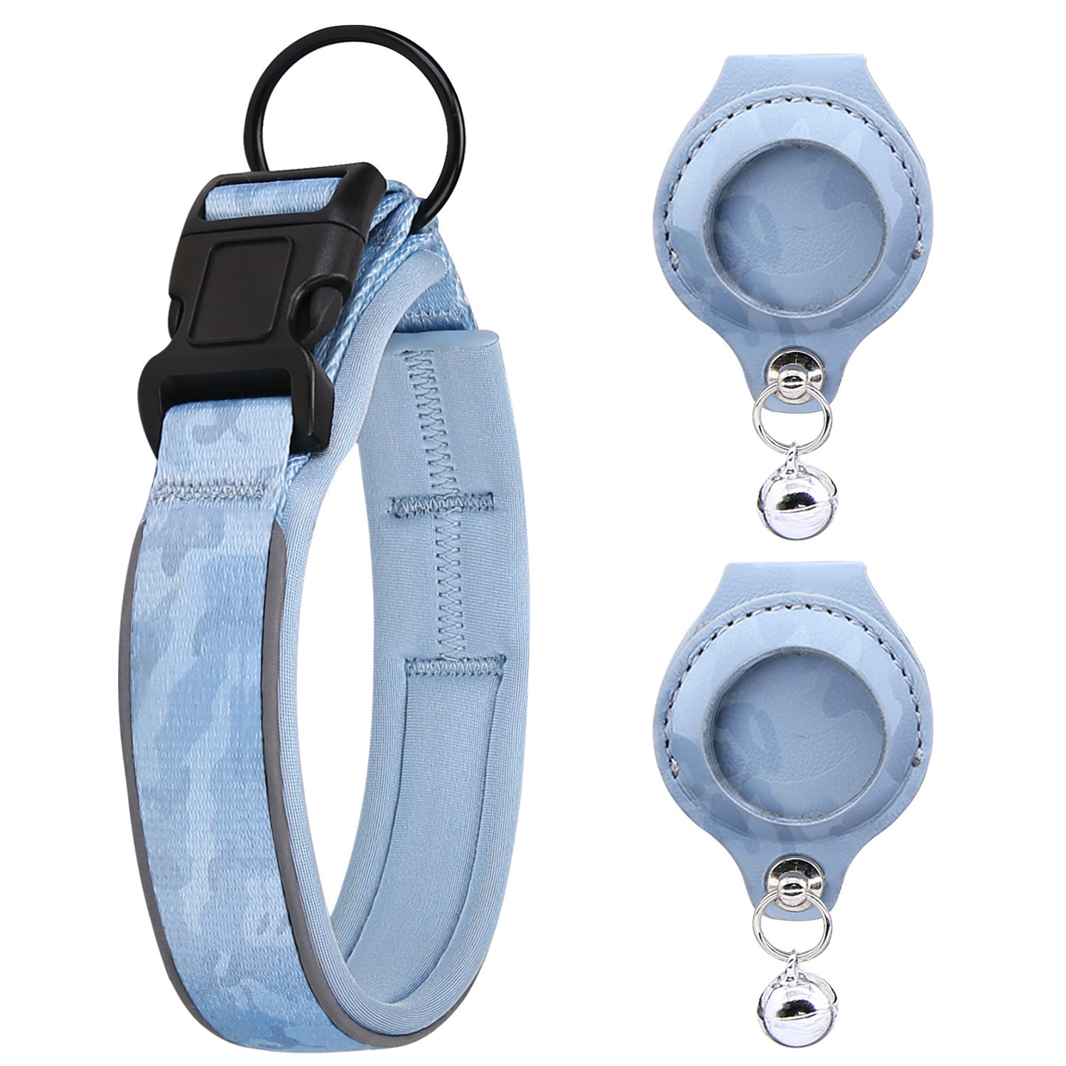 Light blue dog collar with black buckle and matching leash on a white background
