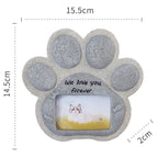 Paw-shaped photo frame with a cat picture and 'We love you forever' text, shown with measurements.