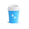 Blue cup with white paw prints on a white background