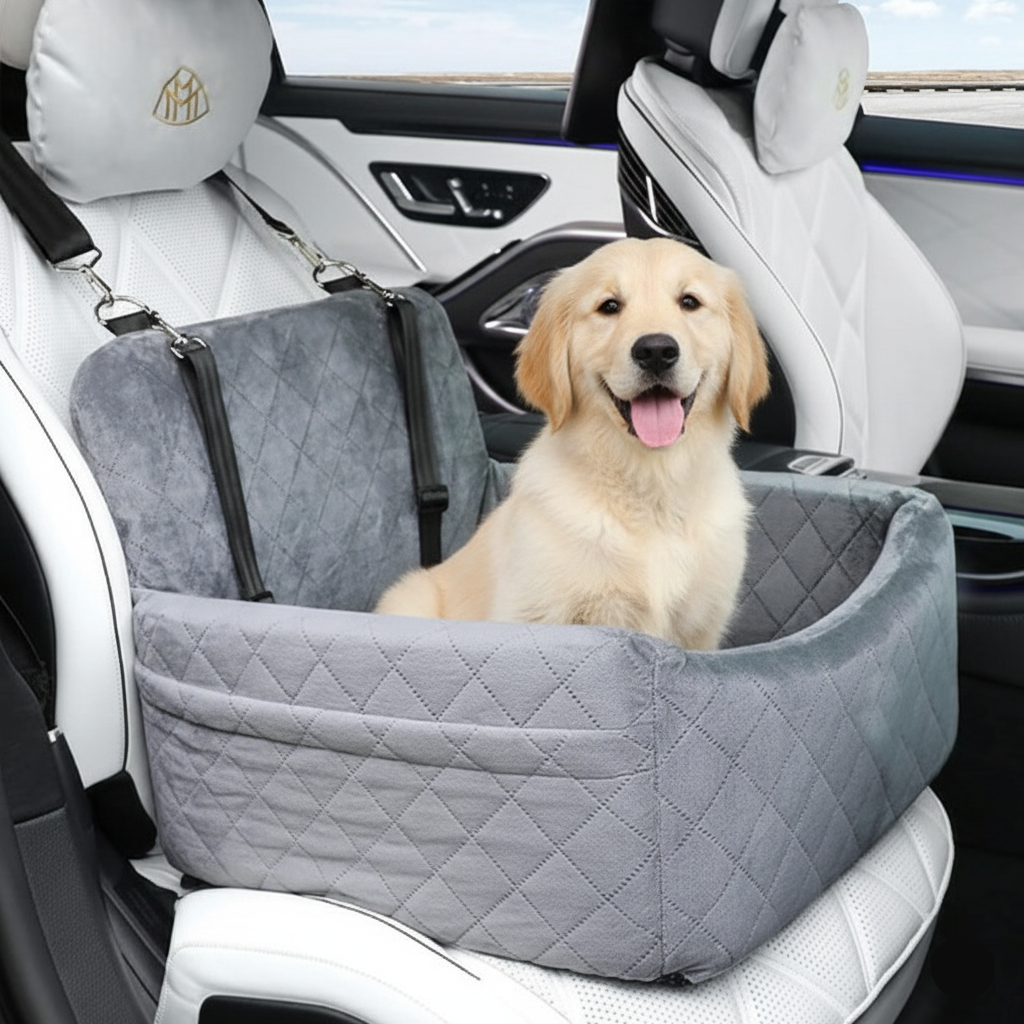 Dog sitting in a gray pet seat in a car