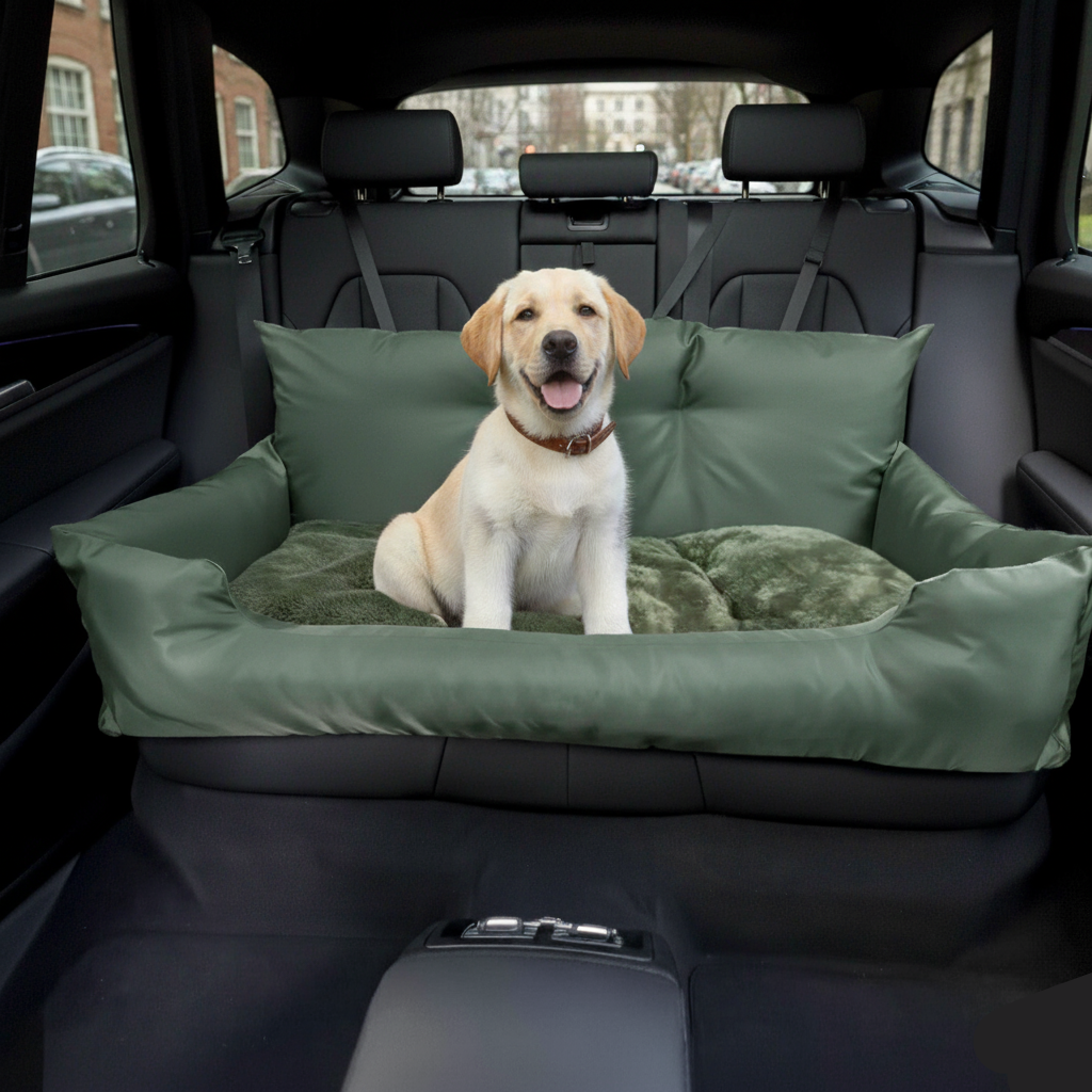 Dog sitting on a green pet bed in the back of a car