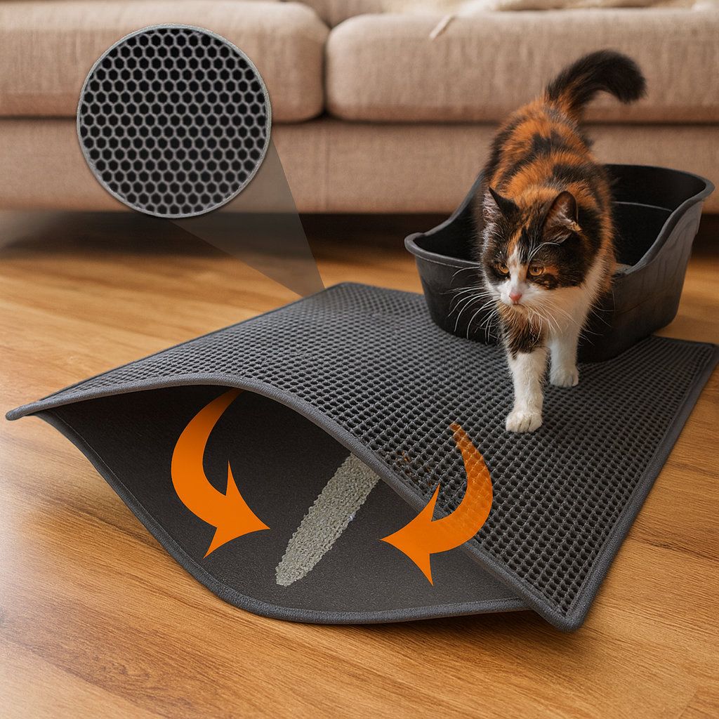 Cat using a gray mat with honeycomb pattern and orange accents on a wooden floor.