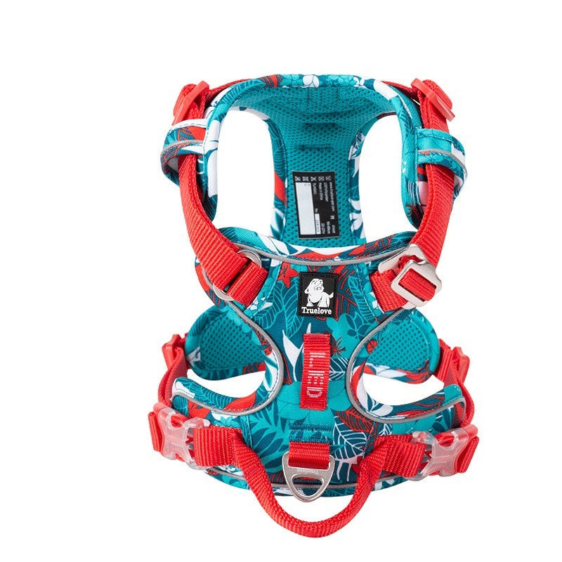 Teal and red dog harness with floral pattern on a white background