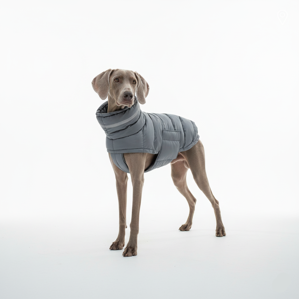 Dog wearing a gray puffer coat on a white background