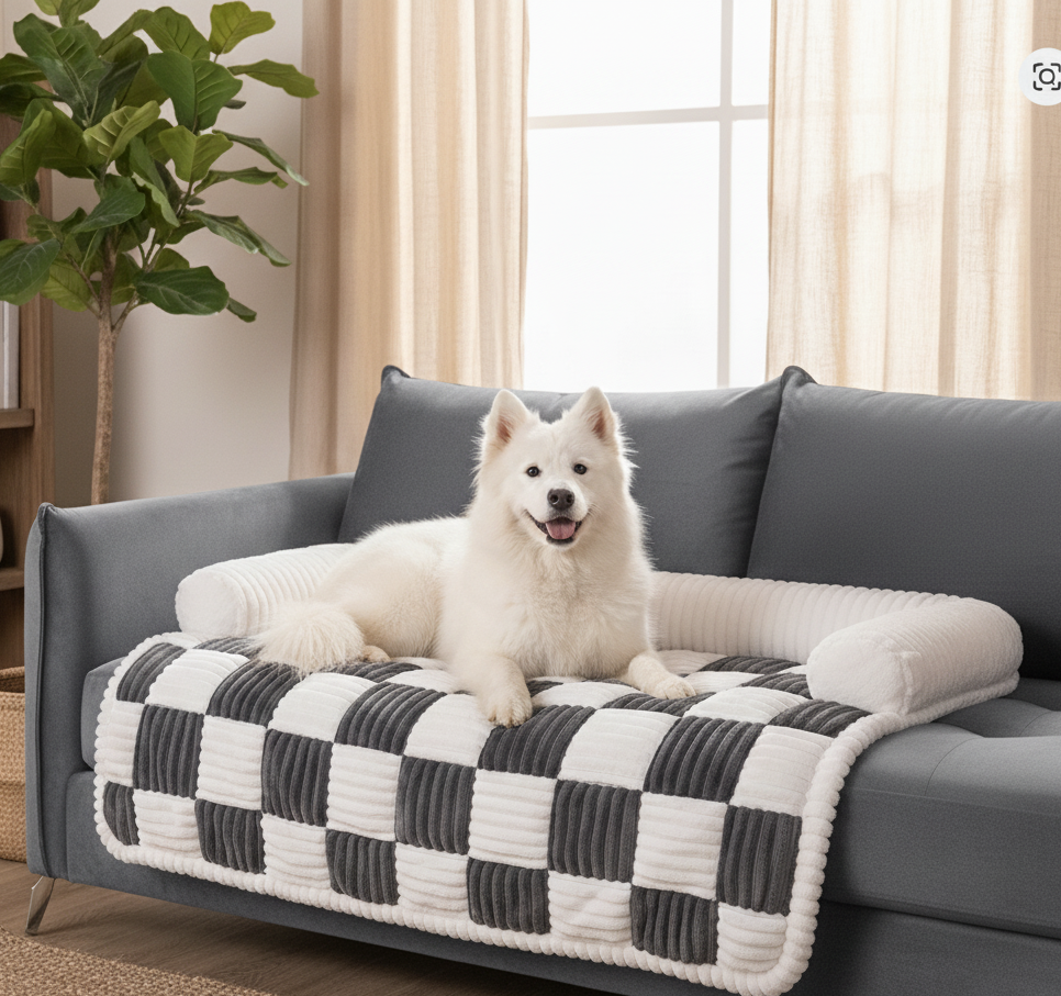 White dog on a checkered pet bed in a living room