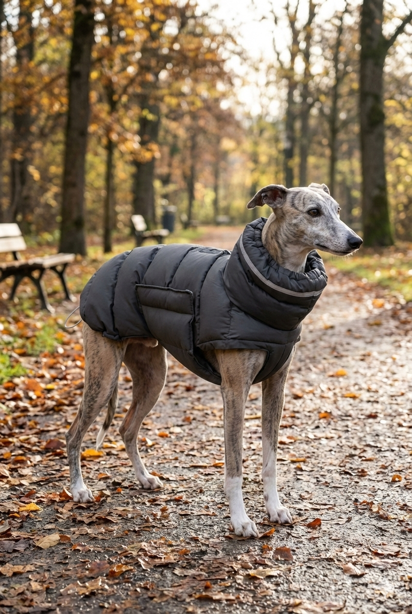 Dog wearing a black puffer coat in a park with autumn leaves