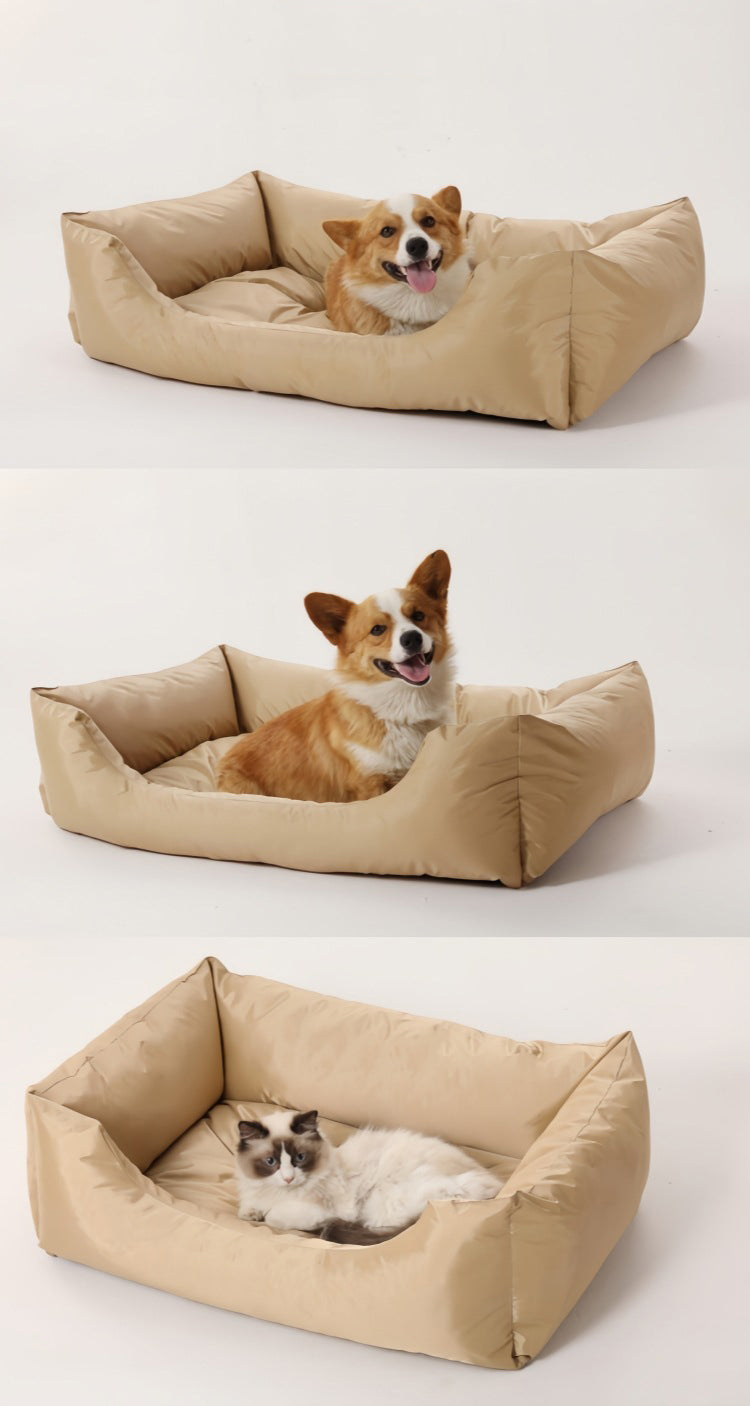 Three beige pet beds with dogs and a cat on a white background