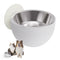 A white magnetic pet bowl with a stainless steel interior. The bowl is shown alongside a small dog and a cat, indicating its use for feeding pets.