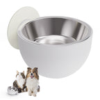 A white magnetic pet bowl with a stainless steel interior. The bowl is shown alongside a small dog and a cat, indicating its use for feeding pets.