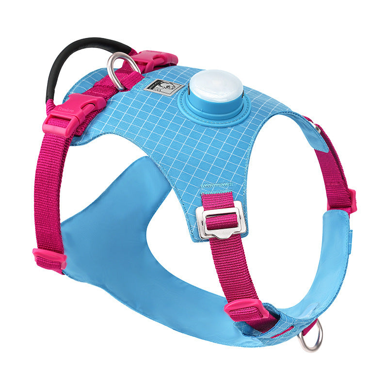 Blue and pink dog harness on a white background