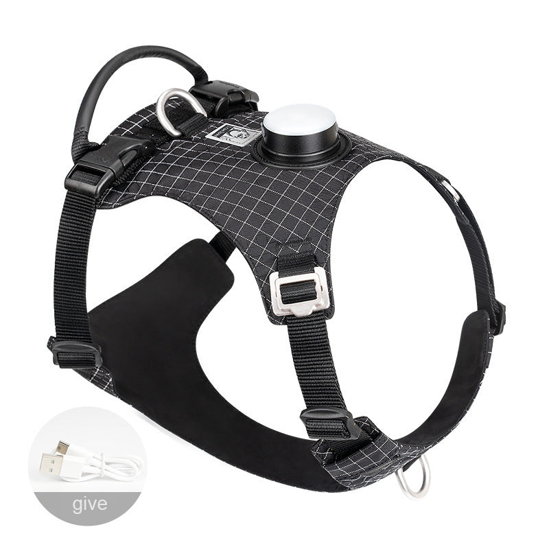 Black dog harness with USB cable on a white background
