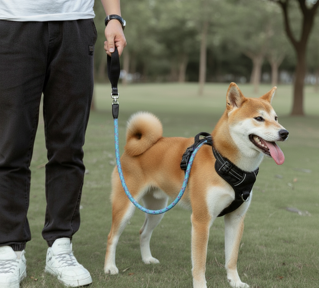 Person walking a Shiba Inu dog on a leash in a park.