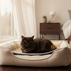 Cat lying on a heated pet bed in a cozy room with a window and furniture.